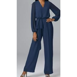 AW BRIDAL 14 1X plus navy blue chiffon Roxanne Long Sleeve Jumpsuit NEW B165